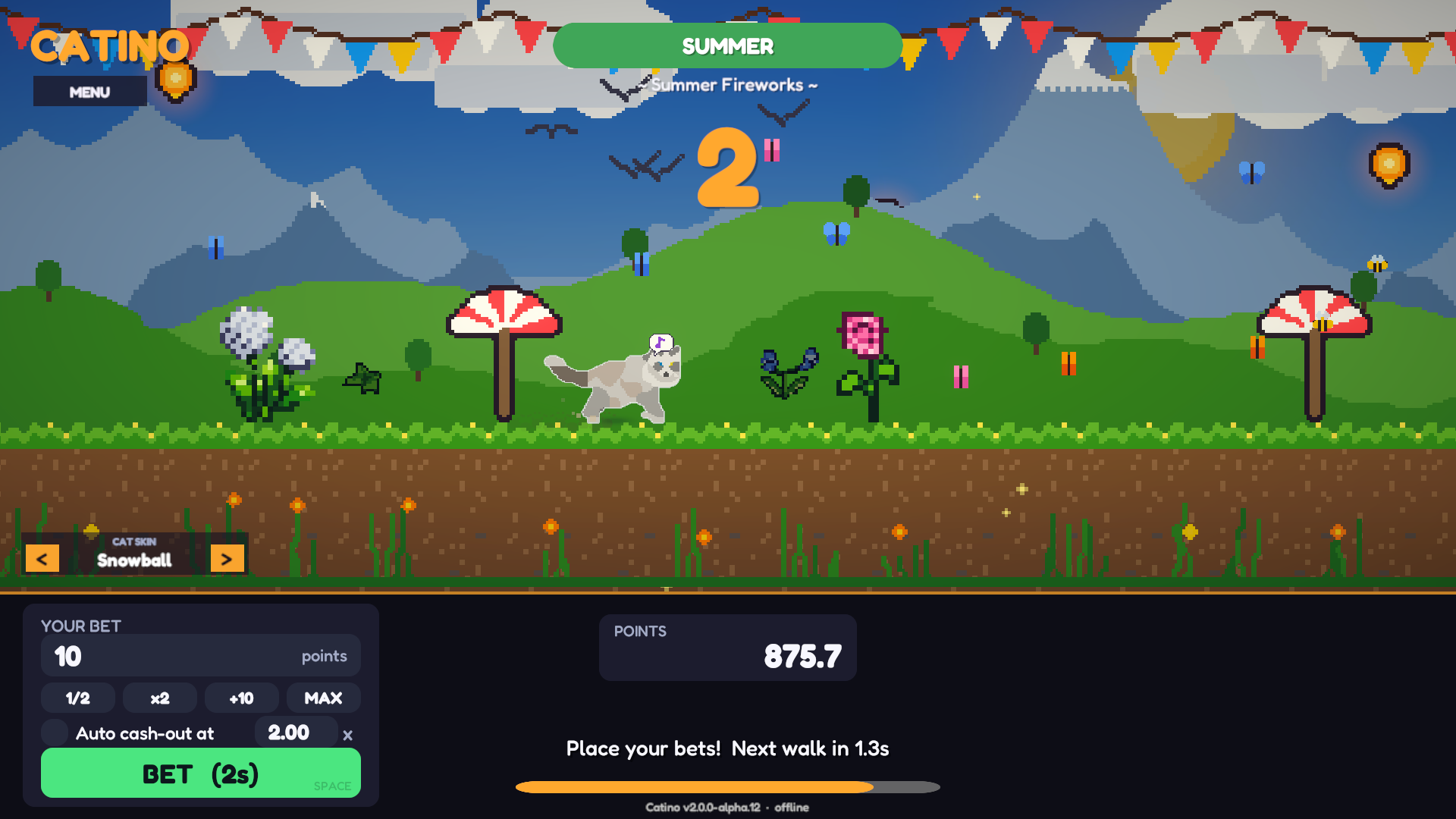 The Catino game screen: a pixel cat walking through a summer meadow with the bet panel below